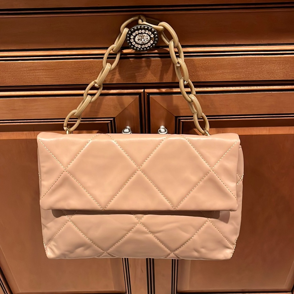 Quilted Tan Vegan Leather Medium Size Bag With Acrylic Link Chain
